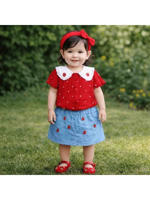Necix's Baby Kız Bebek Müslin Üst &Çilekli Nakışlı Kot Etek