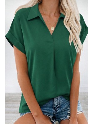 Passense Kadın Kısa Kollu Yakalı Dokuma Viskon Bluz