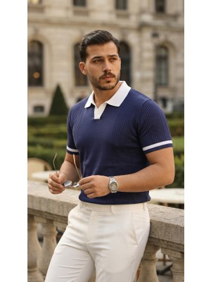 Kendim Fashion Erkek Renkli Yakalı File Desenli Kısa Kollu Tişört