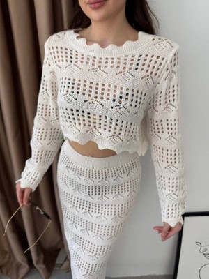 Barış Beauty Kadın Uzun Kollu Kuş Gözü Transparan Detay Triko Bluz ve Maxi Boy Etek Ikili Takım