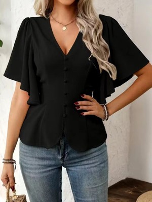 Kendim Fashion Kadın Kısa Kollu Önden Düğmeli Ithal Krep Bluz