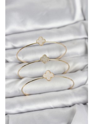 MiraLive Gold Renk Yonca Model Zirkon Taşlı 3'lü Kadın Bileklik Kombini - TJ-BB8345