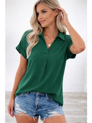 Gökyüzü Moda Kadın Kısa Kollu Yakalı Dokuma Viskon Bluz