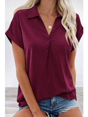 Nidam Butik Kadın Kısa Kollu Yakalı Dokuma Viskon Bluz