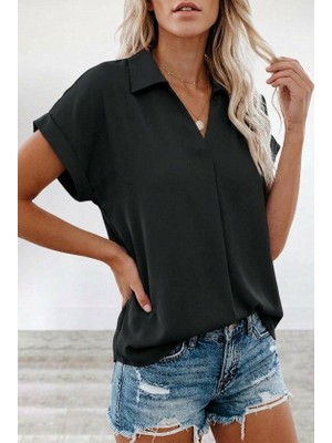 Nidam Butik Kadın Kısa Kollu Yakalı Dokuma Viskon Bluz