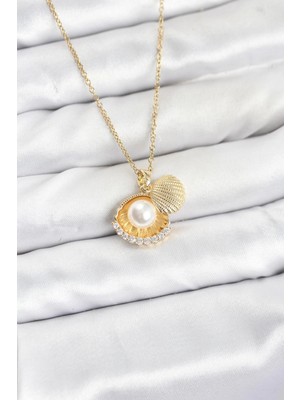 MiraLive 316L Çelik Zincir Gold Renk Incili Deniz Kabuğu Model Zirkon Taşlı Kadın Kolye - TJ-BKO10911