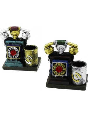 MiraLive Ankesörlü Telefon Vintage Dekoratif Biblo - Renkli Kalemlik 12.5X10X6.5CM Reçine (4887)