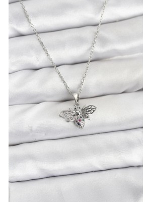 MiraLive 316L Çelik Zincir Gümüş Renk Sinek Model Zirkon Taşlı Kadın Kolye - TJ-BKO10874