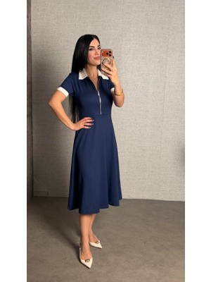 Kendim Fashion Kadın Kısa Kollu Ribana ve Fermuar Detay Midi Boy Elbise