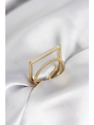 MiraLive Gold Renk Sedefli Zirkon Taşlı 2'li Kadın Yüzük - TJ-BYK3955