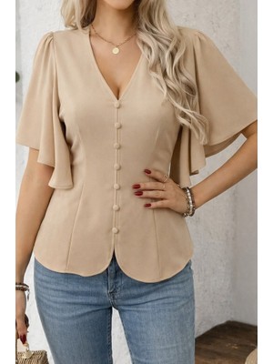 Arben Boutique Kadın Kısa Kollu Önden Düğmeli Ithal Krep Bluz