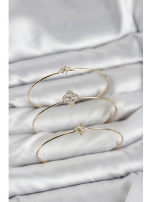 MiraLive Zirkon Taşlı Gold Renk Yonca Tasarım 3'lü Kadın Bileklik Kombini - TJ-BB8353