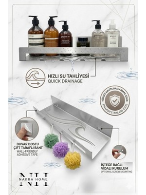 Nakra Home Paslanmaz Çelik Çok Amaçlı Banyo ve Mutfak Rafı – 4 Askılı, Yapışkanlı & Vidalı Kurulum