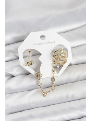 MiraLive Pirinç Gold Renk Sarmal Model Zincir Bağlantılı Ear Cuff Küpe Seti - TJ-BKP11536