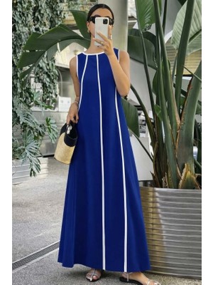 Kendim Fashion Kadın Omuzlardan Açık Yaka Ince Şerit Detaylı Uzun Viskon Elbise