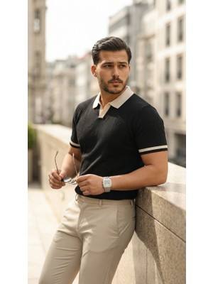 Gökyüzü Moda Erkek Renkli Yakalı File Desenli Kısa Kollu Tişört