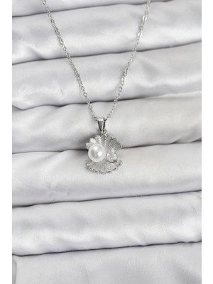 MiraLive 316L Çelik Zincir Gümüş Renk Istiridye Inci Model Zirkon Taşlı Kadın Kolye - TJ-BKO10851