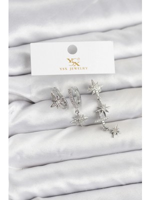 MiraLive Pirinç Gümüş Renk Zirkon Taşlı Kutup Yıldızı Model Ysx Trio Küpe Seti - TJ-BKP11565