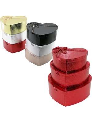MiraLive 3pcs Kalp Parlak Mix Renkli - Kabartma Desen Karton Hediye Kutusu Kurdelalı 31X28-27X24-23X20CM (4887)