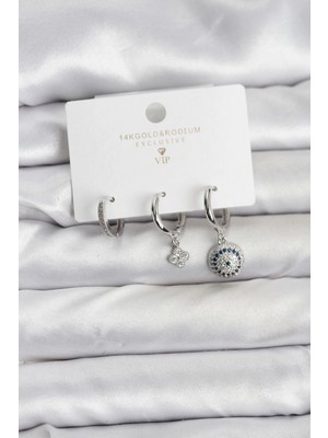 MiraLive Nazar Model Gümüş Renk Pirinç 3'lü Kadın Küpe Seti - TJ-BKP11442