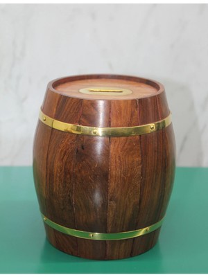 LTG Nova Ahşap Pirinç Fıçı Kumbara - Para Biriktirme Kutusu ve Ofis Dekorasyonu