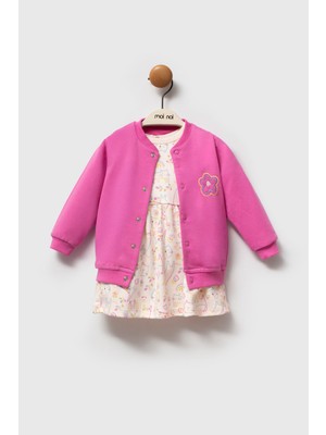 Moi Noi Premium Cat Elbise Takımı Çiçek Nakış Detaylı Ceket - Canlı Pembe