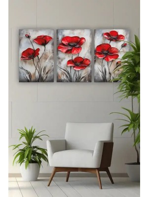 Bemenda Kırmızı Çiçek Üçlü Mdf tablo