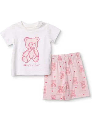 Hellobaby Kız Bebek Pijama Takımı Ayı Baskılı Bisiklet Yaka Kısa Kol Reçme