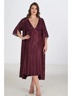 Hsc Bilişim Büyük Beden Saten Dantel Işlemeli Mürdüm Uzun 2'li Gecelik Sabahlık Takımı Bigsize