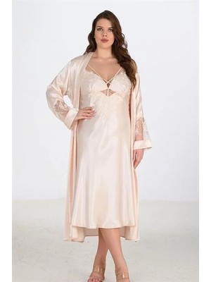 Hsc Bilişim Büyük Beden Saten Dantel Işlemeli Fil Dişi Uzun 2'li Gecelik Sabahlık Takımı Bigsize