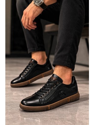 Lugmo Hakiki Deri Ayakkabı Erkek Sneaker Konforlu Kaymaz Silikon Taban Siyah