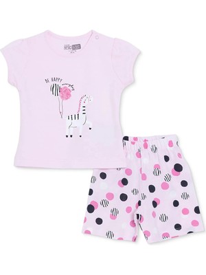Hellobaby Kız Bebek Pijama Takımı Hayvan Baskılı Çıtçıtlı Bisiklet Yaka Kısa Kol Reçme