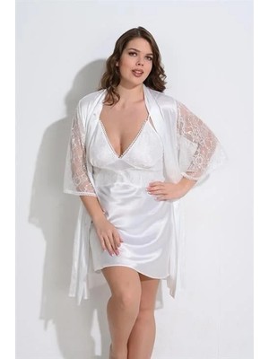 Hsc Bilişim Büyük Beden Saten Dantel Işlemeli Ekru 2'li Gecelik Sabahlık Takımı Bigsize