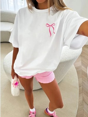 MiraLive Miray- Fiyonk Baskılı Oversize Bisiklet Yaka T-Shirt - Beyaz