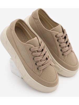 Marjin Kadın Sneaker Yüksek Kalın Desenli Ultra Hafif Taban Bağcıklı Spor Ayakkabı Ergu Vizon Keten