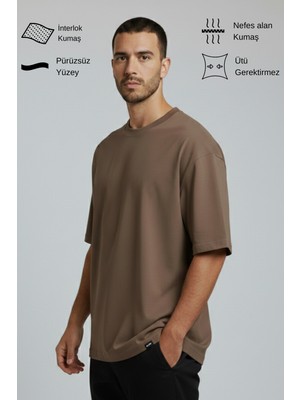 Allunique Erkek Pamuklu Oversize Bisiklet Yaka Kahverengi T-Shirt