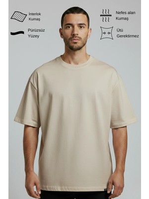 Allunique Erkek Pamuklu Oversize Bisiklet Yaka Bej T-Shirt