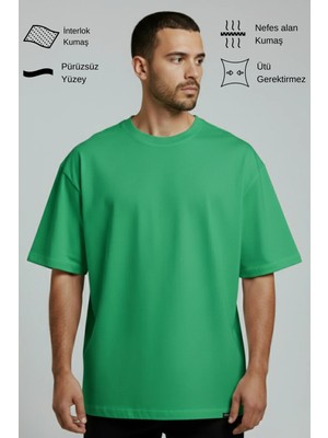 Allunique Erkek Pamuklu Oversize Bisiklet Yaka Yeşil T-Shirt