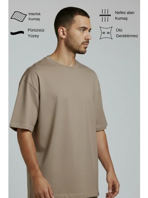 Allunique Erkek Pamuklu Oversize Bisiklet Yaka Vizon T-Shirt