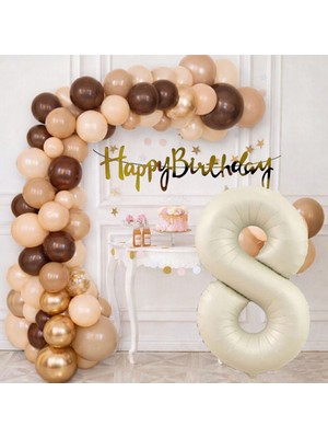 Tedaks Pompa Hediyeli Doğum Günü Seti Banner Gold Kahverengi Kum Beji Ten Rengi Balonlar Krem Rakam