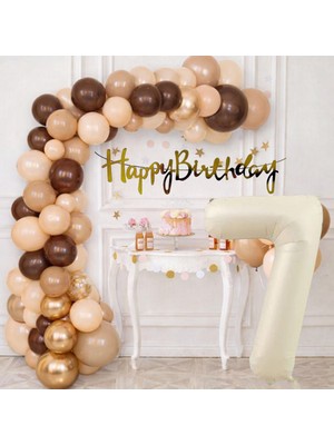 Tedaks Pompa Hediyeli Doğum Günü Seti Banner Gold Kahverengi Kum Beji Ten Rengi Balonlar Krem Rakam