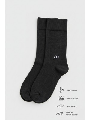 Allunique Erkek Siyah Doğal Merino Yünlü İnce Dikişsiz Soket Çorap