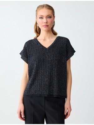 Jimmy Key Siyah V Yaka Düşük Omuz Rahat Kesim Triko Bluz