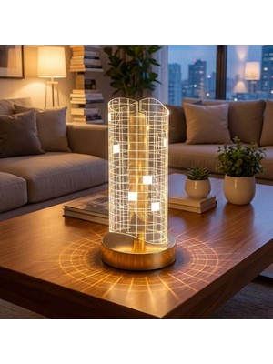 Marsilyan Buffer® Dalgalı Silindirik Kristal Kareli Model LED Masa Lambası – Gold Tabanlı, Dokunmatik, 3
