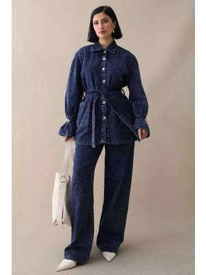 inStyle Kolu Taşlı Fırfırlı Lacivert Kot Takım