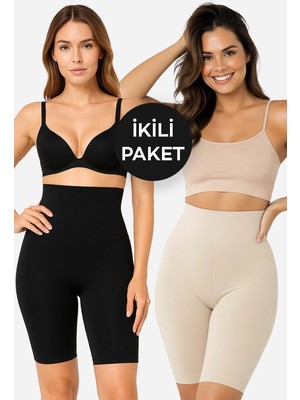 Alexander Hud Kadın Şort Korse Siyah & Bej 2’li Paket – Yüksek Bel Toparlayıcı Incelten Korse Şort