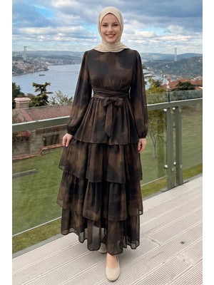 inStyle Desenli Kat Kat Kahverengi Şifon Elbise