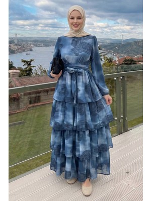 inStyle Desenli Kat Kat Ingido Şifon Elbise