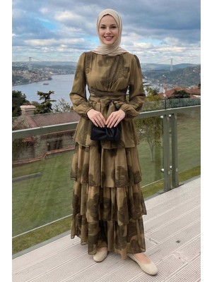 inStyle Desenli Kat Kat Camel Şifon Elbise