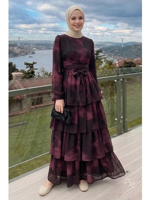 inStyle Desenli Kat Kat Bordo Şifon Elbise